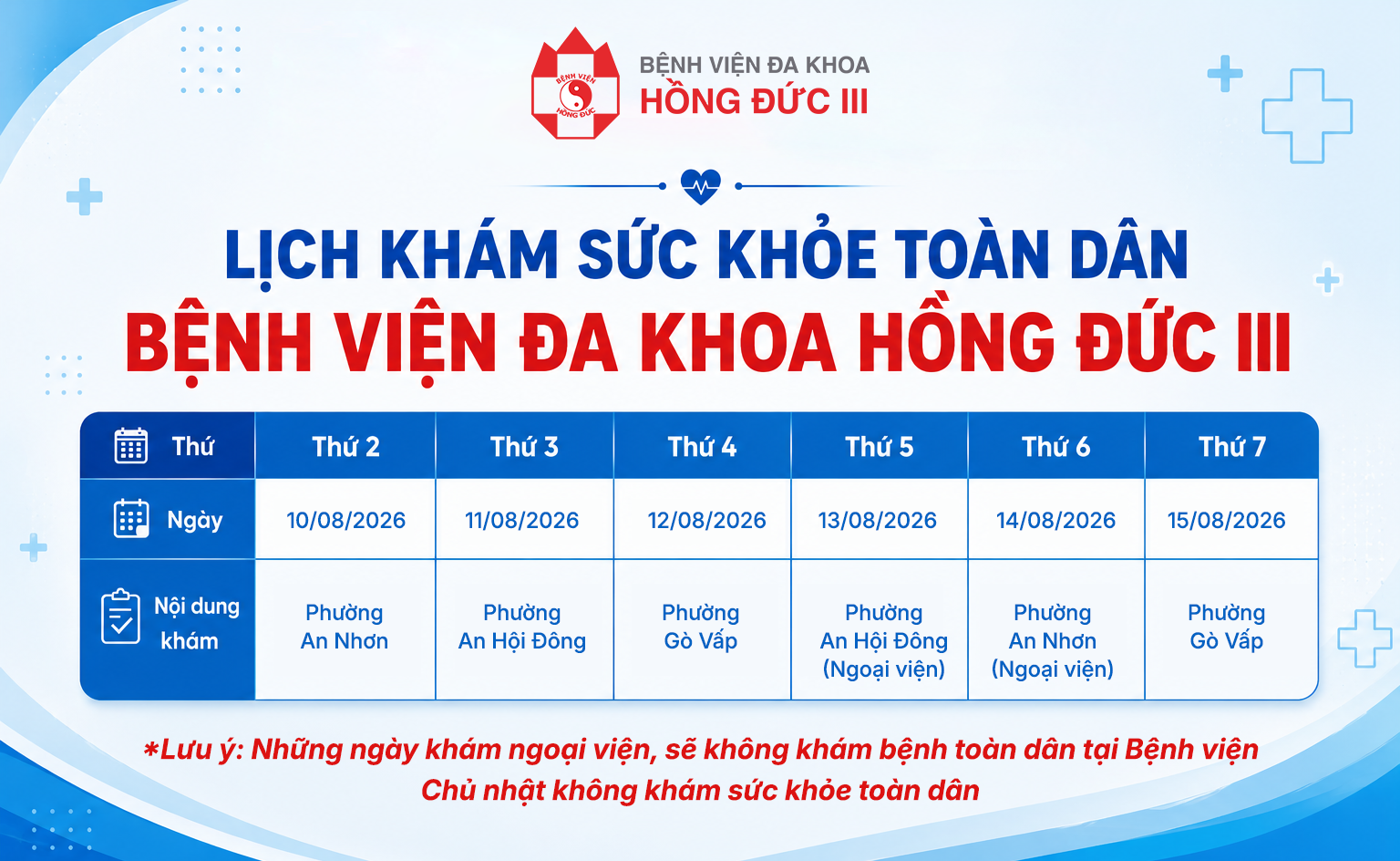 LỊCH KHÁM SỨC KHOẺ TOÀN DÂN THÁNG 8
