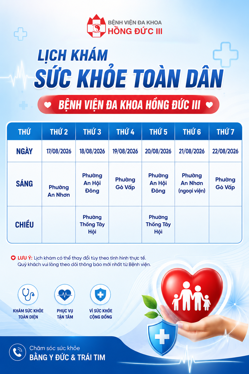 LỊCH KHÁM SỨC KHOẺ TOÀN DÂN TUẦN 17.8-22.8.2026
