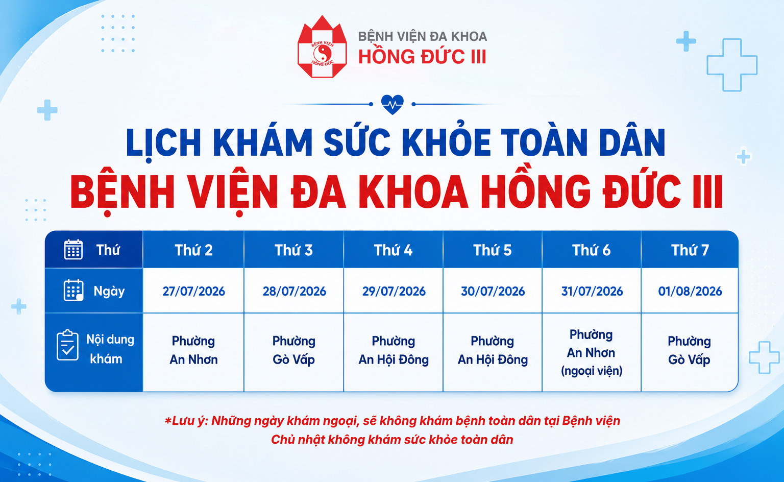 Lịch khám sức khỏe toàn dân các phường: An Nhơn - Gò Vấp và An Hội Đông (từ 27/7 đến 1/8/2026)